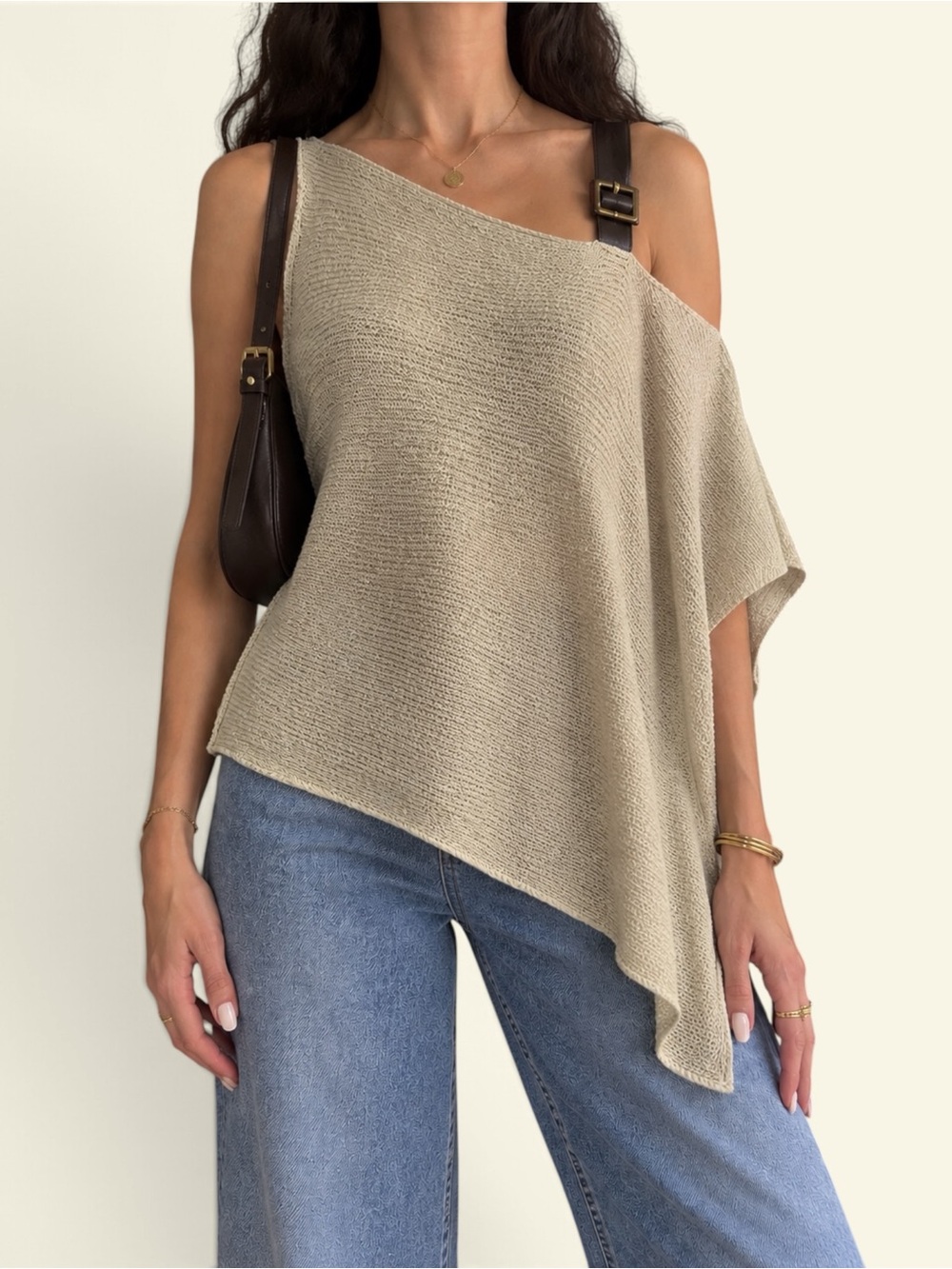 Anthropologie Santiago Knits Asymmetrical Sweater Top Leather Buckle Linen Small